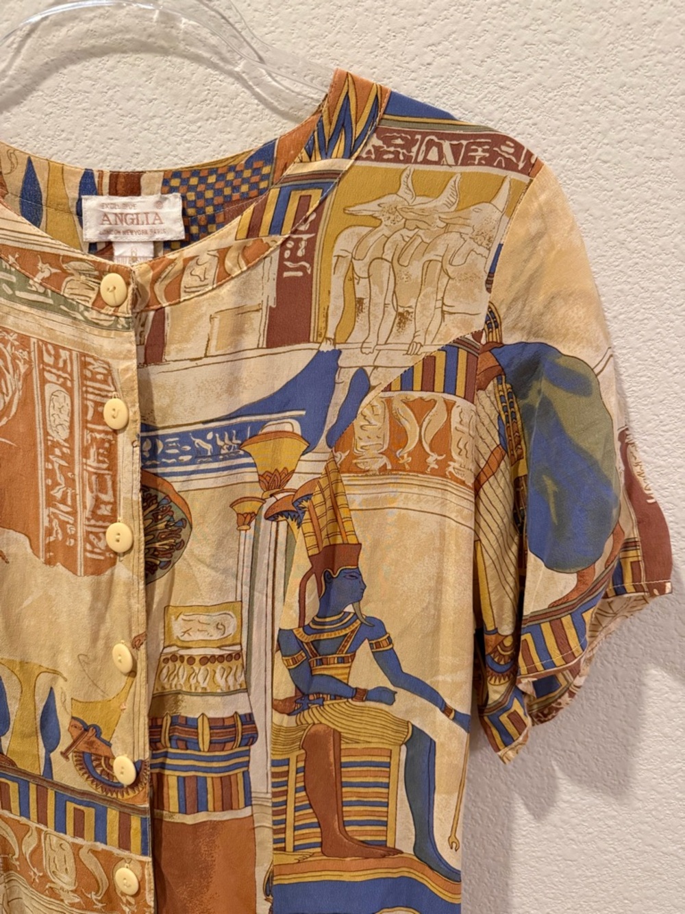 Vintage Anglia Silk Multicolor Egyptian Motif Button-Front Dress